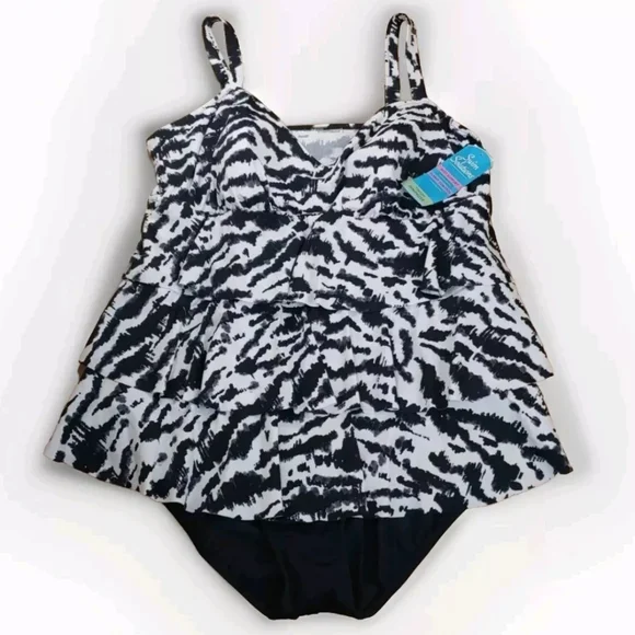 Swim Solutions Tummy Control V-neck One Pc Swimsuit Woman Plus 22W Black Tiered - Picture 5 of 10